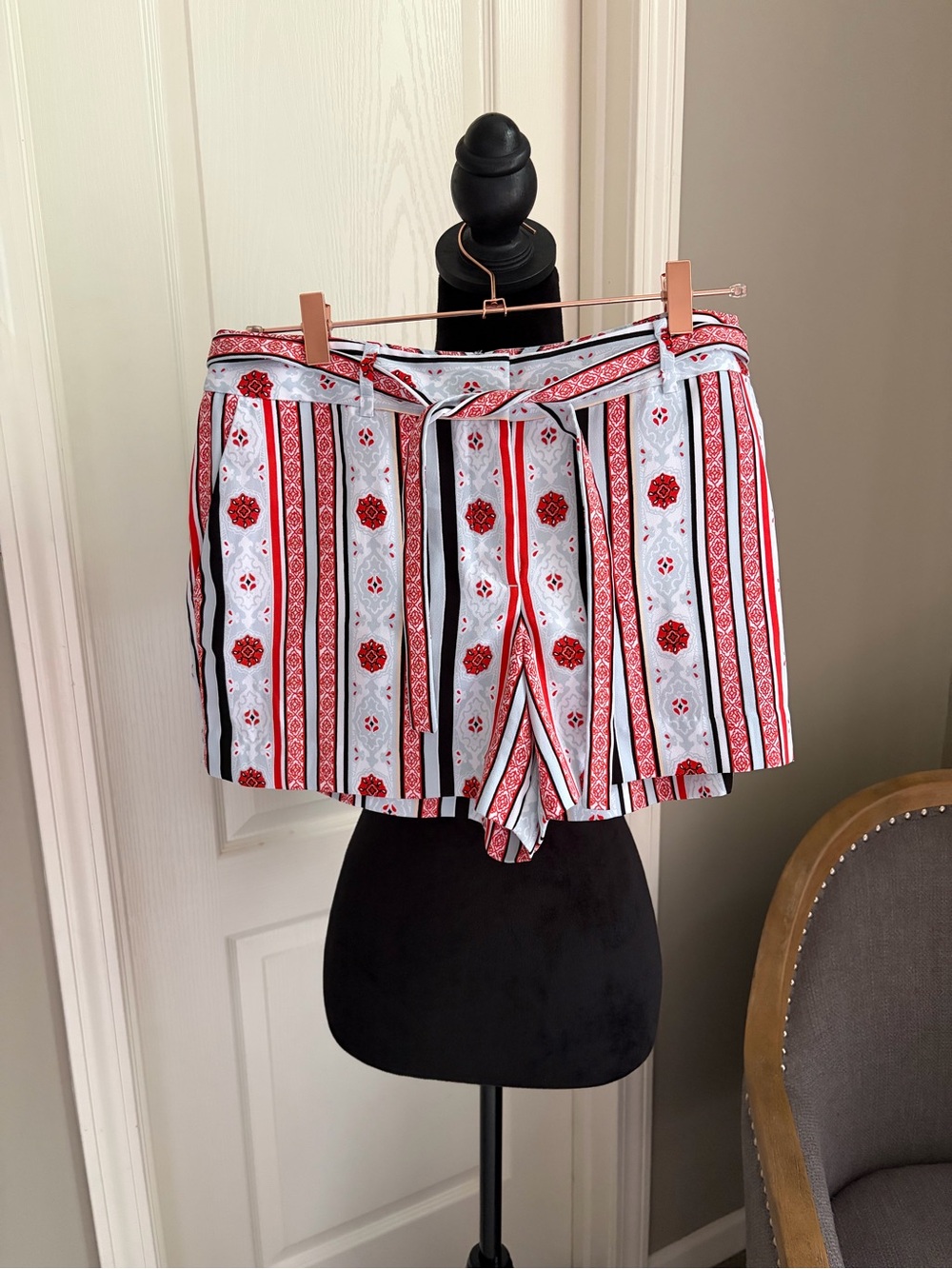 LOFT Red, White & Black Striped Sleeveless Top with Medallion Motif